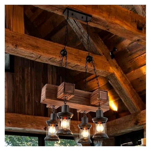 4 Light Farmhouse Chandelier, Rustic Solid Wood Dining Room Light Fixture with Adjustable Chain, Kitchen Island Hanging Light Fixtures Over Table(Rustic Wood)