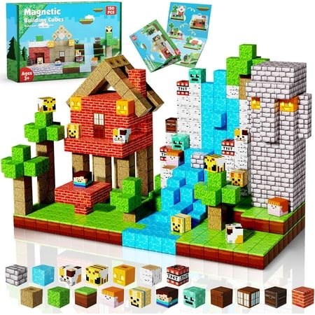 Annexfun 150PCS Magnetic Blocks - Magnetic Building Blocks, Magnet Cubes Toys Stacking, Build Forest World Set, STEM Montessori Sensory Toys for Kids Boys Girls Ages 3-5 6-8 Easter Birthday Gifts