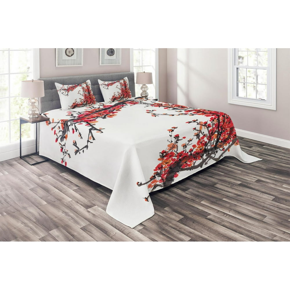 Japanese Coverlet Set, Japanese Cherry Blossom Sakura Branch with