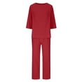 thumbnail image 4 of NMMUED Linen Set for Women Summer Outfits Summer Shirts Wide Leg Linen Pants Beach Vacation Clothes 3/4 Sleeve Top Wide Leg Pants Women 2 Piece Outfits Sets Casual Red S, 4 of 6