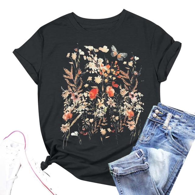 T-Shirt à Manches Courtes Imprimé Floral pour Femmes, Col Rond, Manches Longues Épaisses, T-Shirt Décontracté pour Femmes