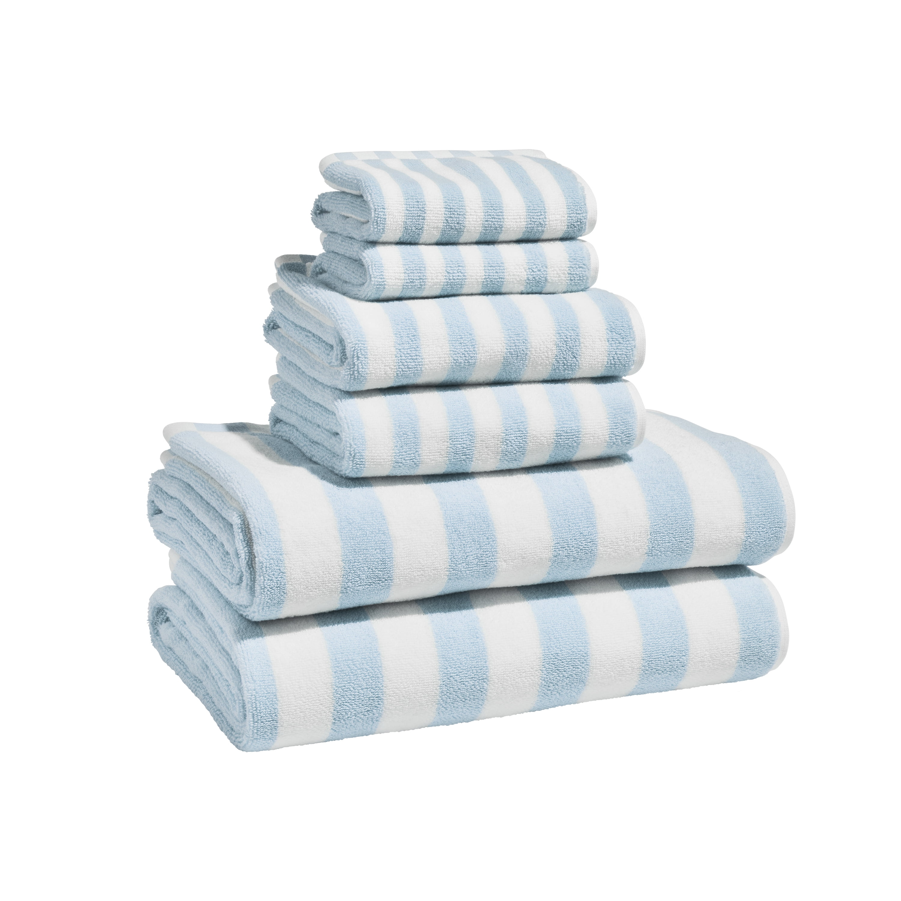 Beautiful by Drew Barrymore 6-Piece Stripe Hem Bath Towel Set, Soft 100% Cotton, Hydrangea