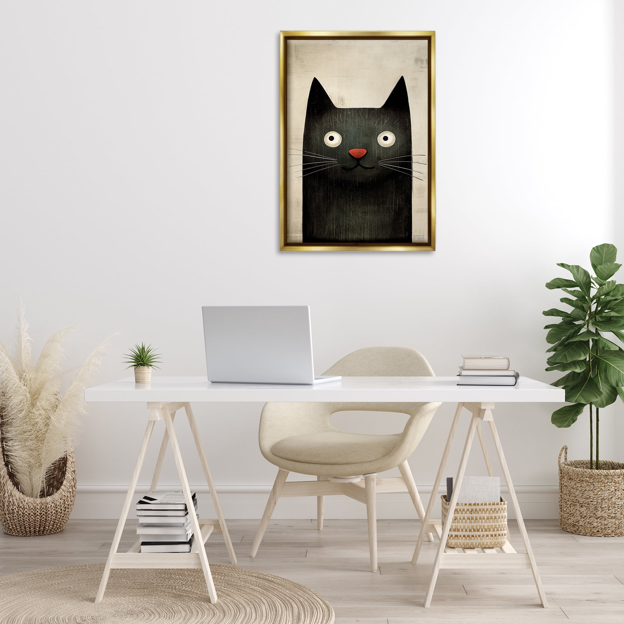 Stupell Industries Smiling Black Cat Animals & Insects Painting Gold Floater Framed Canvas Art Print Wall Art, 21 x 31