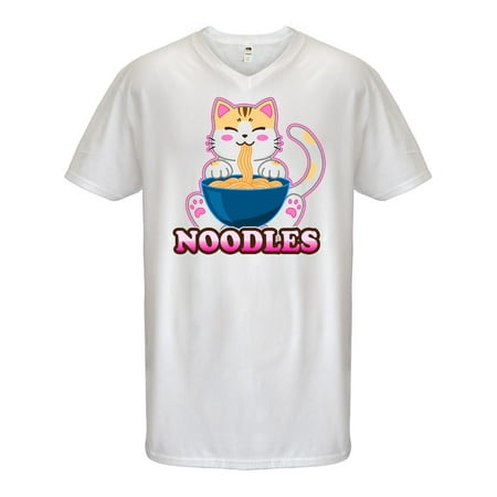 - I Love Noodles with Cat Illustration Men's V-Neck T-Shirt