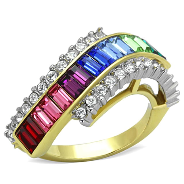 Two-Tone IP Gold (Ion Plating) Stainless Steel Ring with Top Grade Crystal in Multi Color for Women Multi Color Stone Color Style TK1575 Size 10