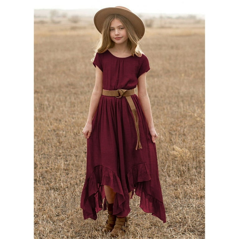 Kids Little Girls Vintage Dress Solid Short Sleeve Swing Retro Rockabilly Dresses 7 12Y Party Dresses Irregular Clothes Walmart