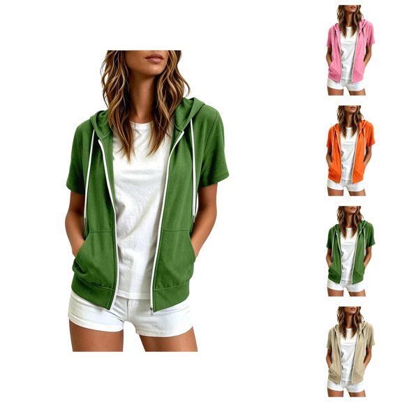 Short Sleeve Hoodies for Women Summer Fall Lightweight Zip Up Sweatshirt with Pockets Casual Jacket Outerwear