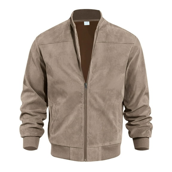 Huresd Mens Genuine Suede Bomber Jacket Leather Casual Varsity Vintage Smart Casual Brown L