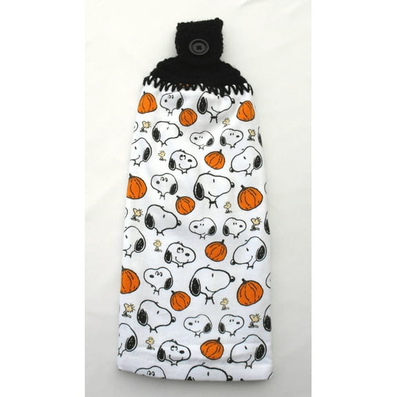 LOTS OF ORANGE PUMPKINS AND DOGS - HANDMADE CROCHET TOP HANGING KITCHEN TOWEL