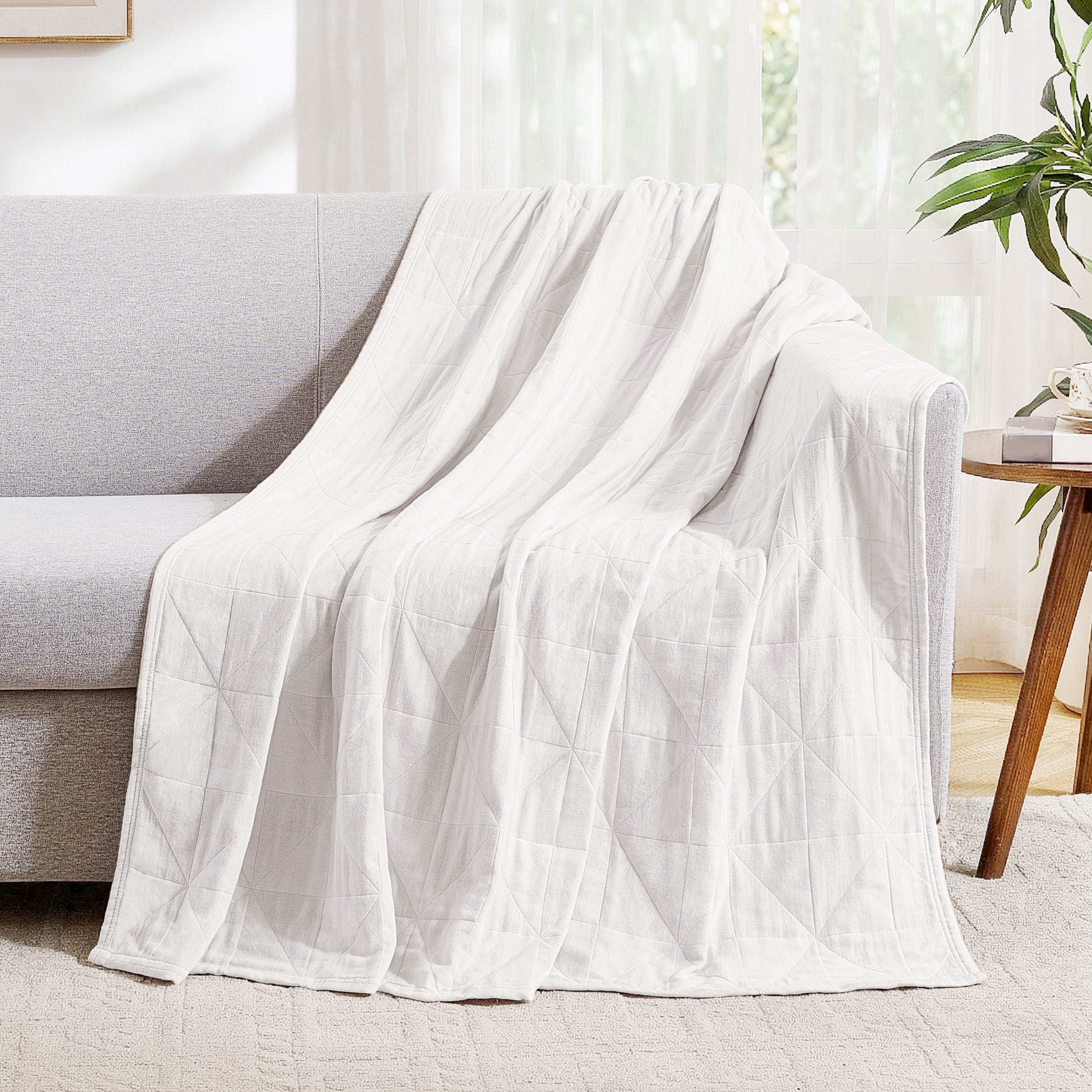 Exclusivo Mezcla 100% Cotton 4 Layers Muslin Throw Blanket for Couch, Moisture-wicking and Breathable Gauze Blanket with Geometric Pattern for Year Round Comfort, 50"x60", Pure White