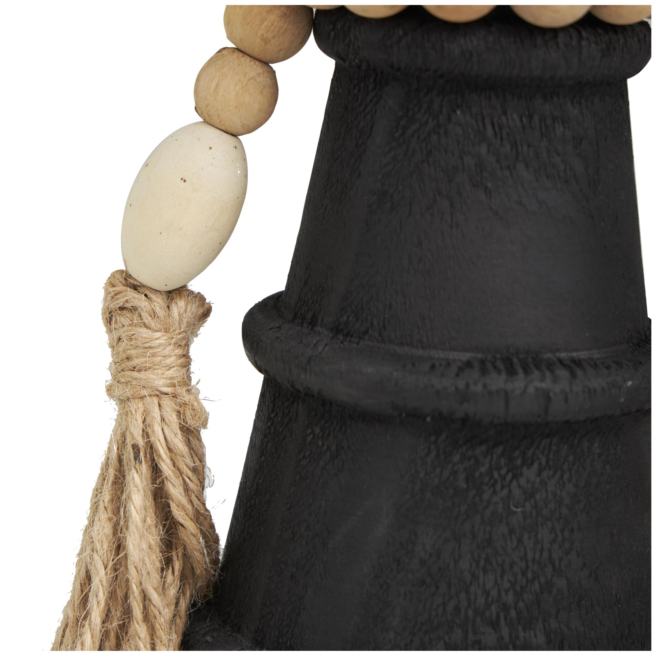 DecMode 2 Candle Black Wood Handmade Textured Matte Candle Holder with Beaded Garland Accent, Set of 2