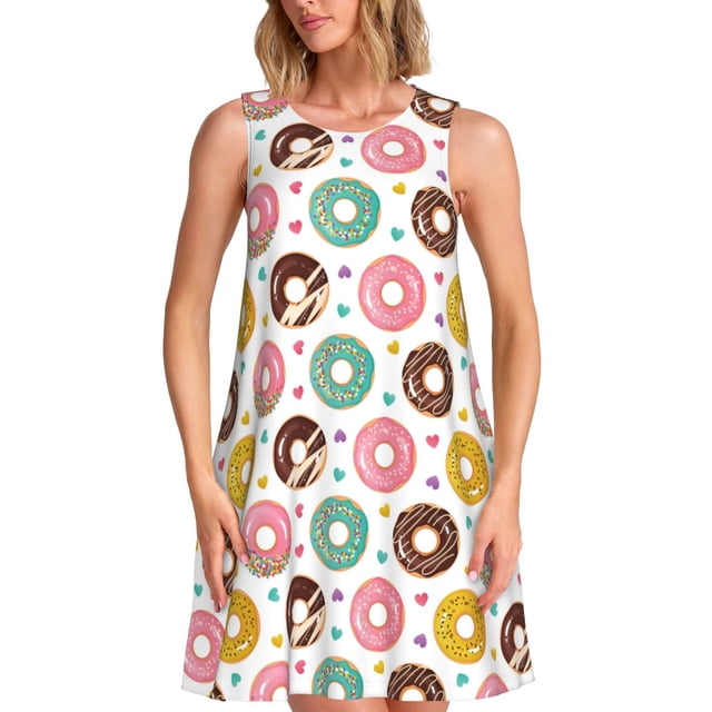 Fotbe Colorful Donuts Vestido de Verano sin Mangas para Mujer – Vestido Midi Línea A, Estilo Camiseta Floral, Vestido Playero Casual y Fluido