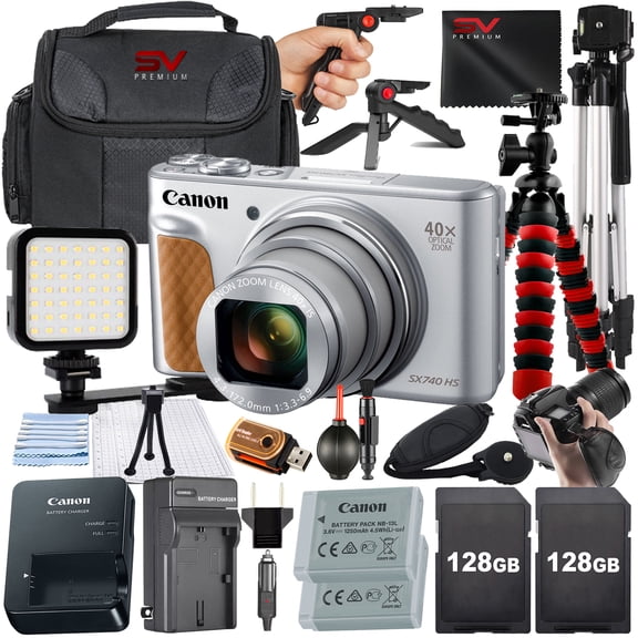 Canon PowerShot SX740 HS Digital Camera (Silver) with SanDisk 128GB Memory Card   Case   Tripod   SV Premium Accessory Bundle (International Version)