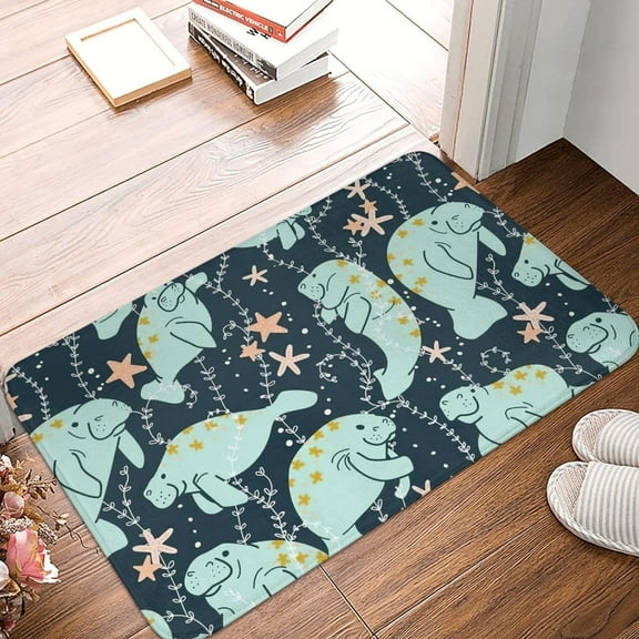 Manatee Animal Bathroom Rug Bath Mats Door Carpet Floor Mat Farmhouse Decoration Non Slip Soft Absorbent Rugs for Kitchen Bedroom Living Room Decor, White