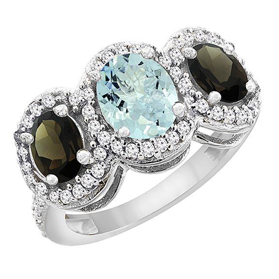 10K White Gold Natural Aquamarine & Smoky Topaz 3-Stone Ring Oval Diamond Accent, size 10