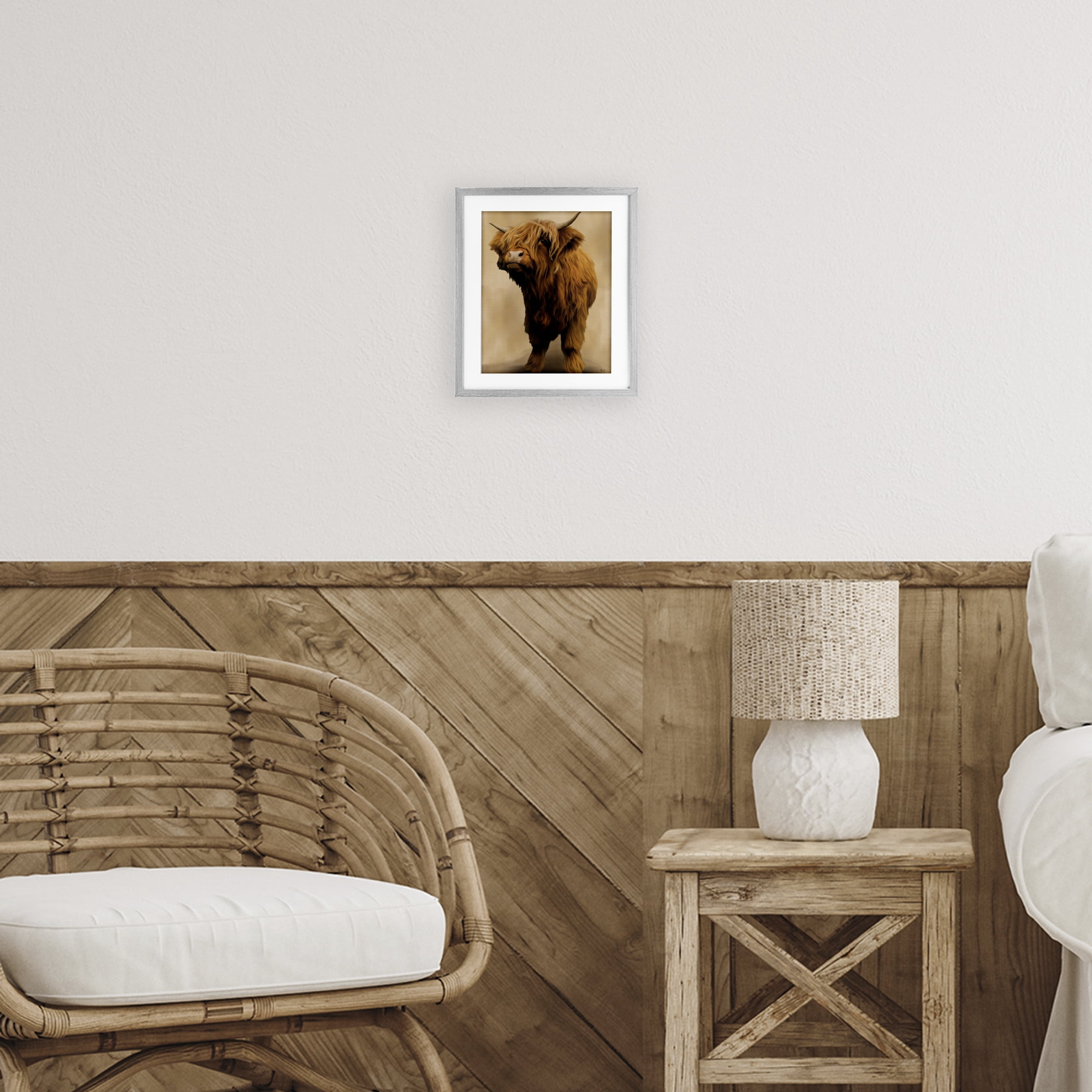 Stupell Industries Mini Highland Cow on Neutrals Gray Framed Print Under Glass, design by Renel Peters