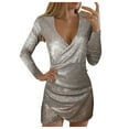 thumbnail image 2 of Robes d'Été pour Femmes Manches Longues Auto-Cultivantes Dames Paillettes Col Slim Robe d'Été Élégante Or TTG, 2 of 2