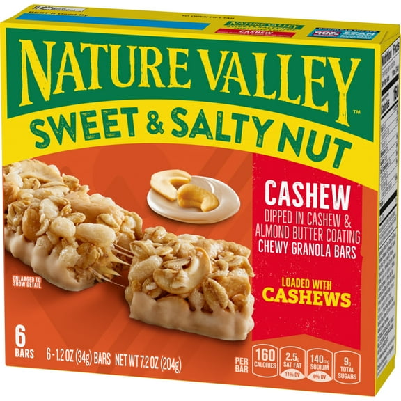 Nature Valley Cashew Sweet and Salty Nut Granola Bars 6 Count, 7.2 oz – Chewy Cashew and Almond Butter Coated Snack Bars