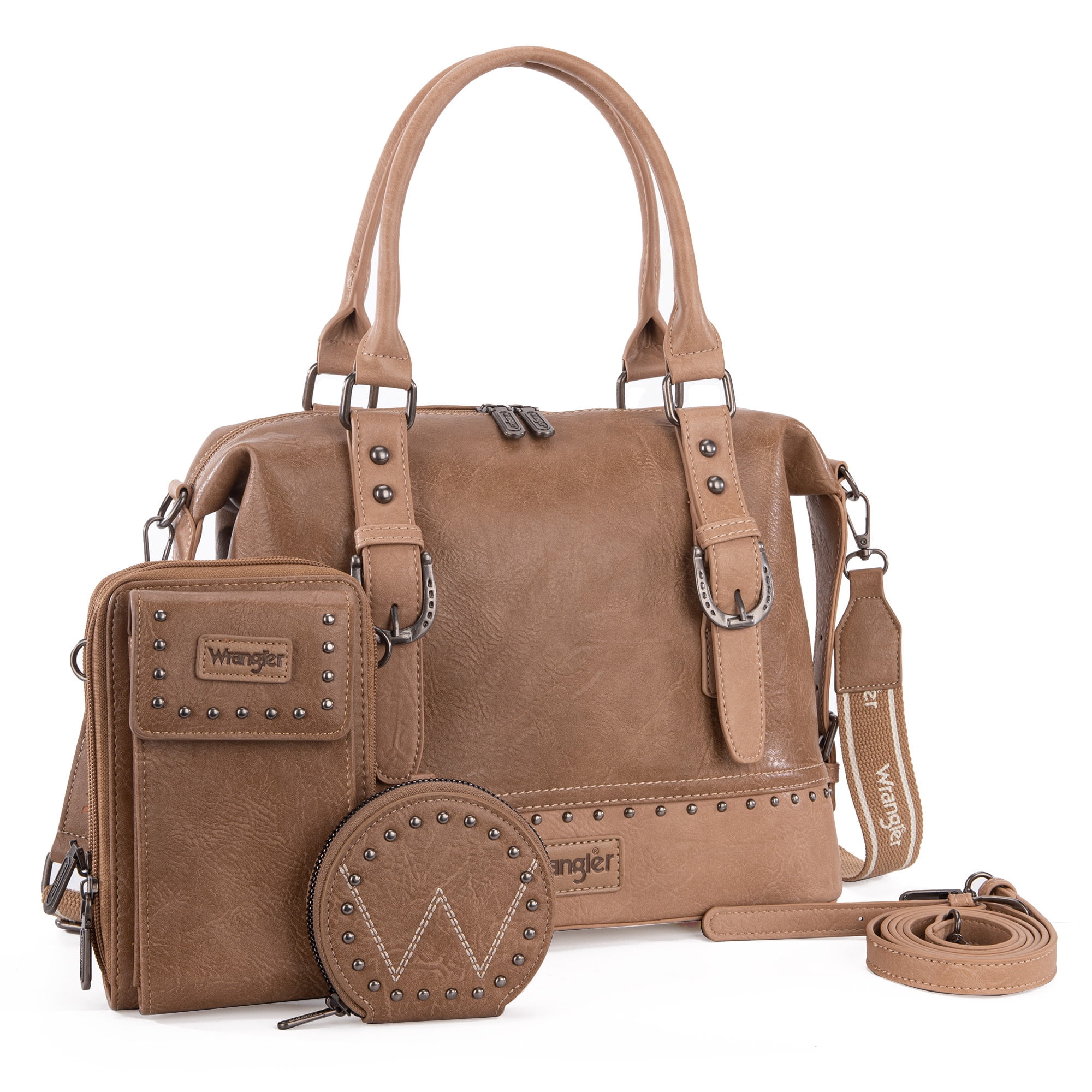 Wrangler 3Pcs Doctor Bag Sets for Women Top-Handle Satchel Bag with Cell Phone Handbags & Coin Purse, Khaki
