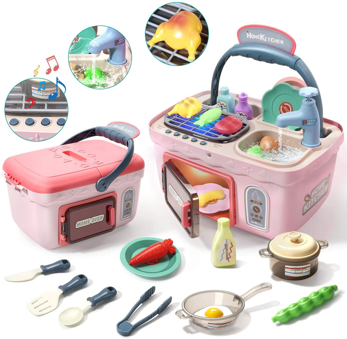 Kids Picnic Kitchen Playset Basket Toys with Music Lights Pretend Play Oven Gift 