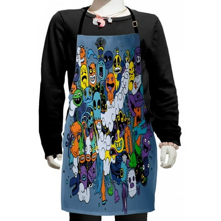 

Indie Kids Apron Group of Funky Monsters Society Different Expressions Abstract Groovy Doodle Style Boys Girls Apron Bib with Adjustable Ties for Cooking Baking Painting Multicolor by Ambesonne