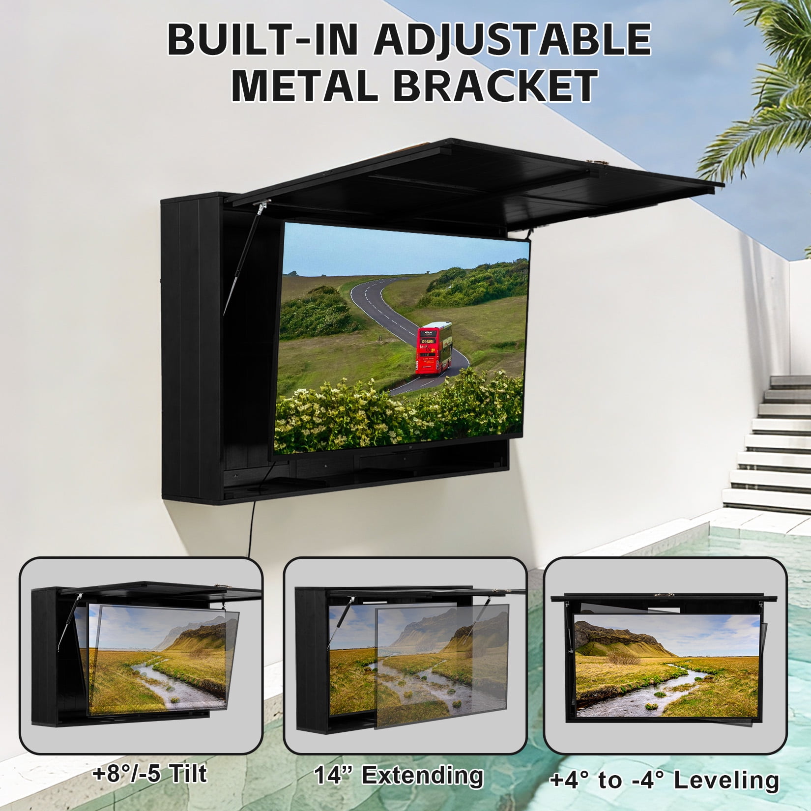 Outdoor TV Hard Cover, Solid Wood Weatherproof TV Enclosure w/ Wall Mounting Bracket , 600D Oxford Outdoor TV Cover (Fits 32-55 Inches), Black