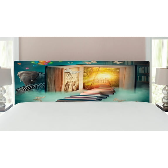 Fantasy Headboard, Upstairs to Magic Book Forest Balloon Zebra Animal Butterflies, Upholstered Decorative Metal Bed Headboard with Memory Foam, King Size, Teal and Yellow, by Ambesonne