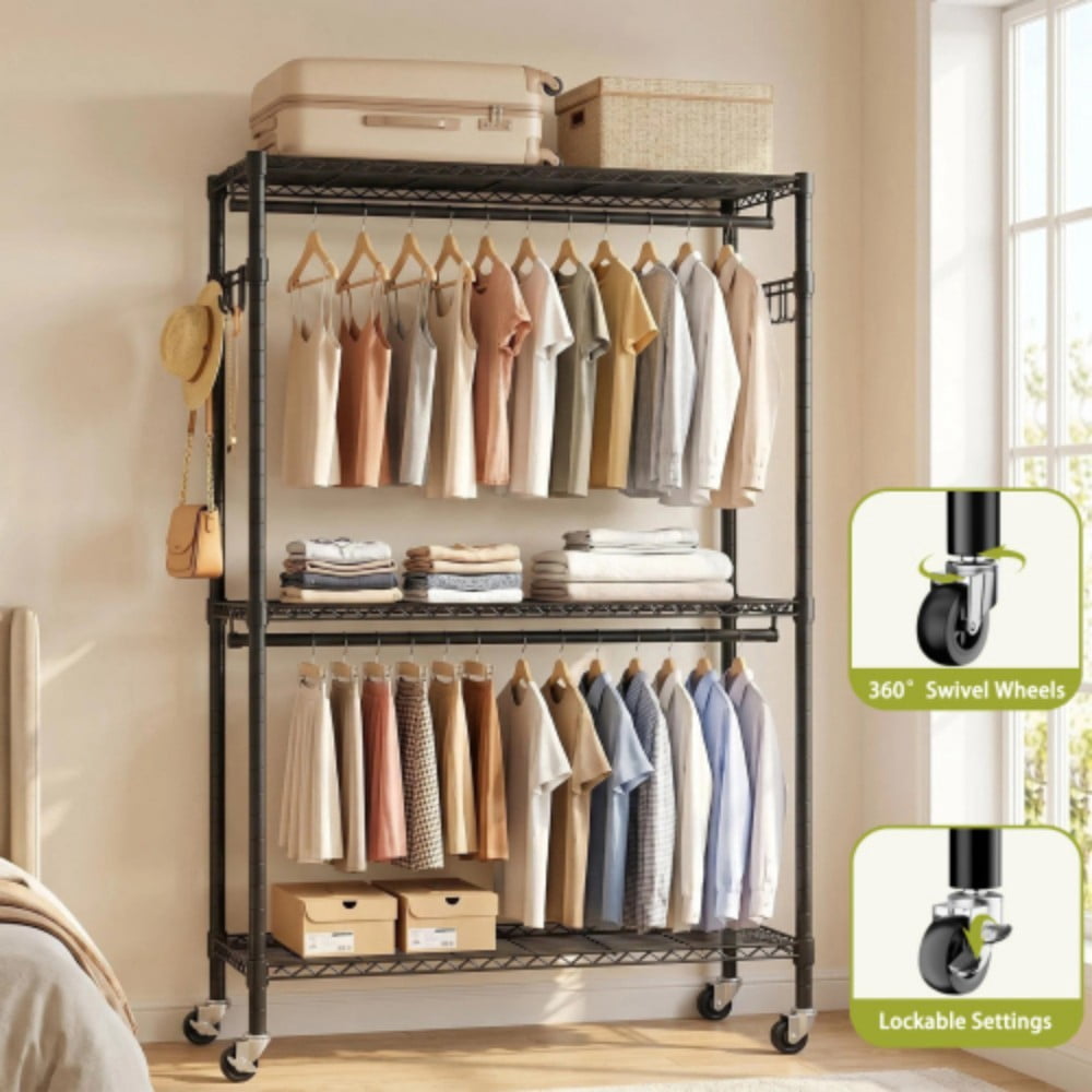 Rolling Clothes Rack, Heavy Duty Garment Rack with Wheels, 3-Tier Adjustable Wire Shelving, 2 Clothes Rods & Side Hooks, Freestanding Metal Clothing Rack, Black