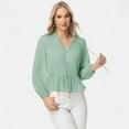 thumbnail image 2 of Women's Long Sleeve Button Front Peplum Blouse with V-Neckline and Gathered Waist Detail - Medium, Green, 2 of 7