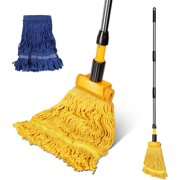 Industrial Mop, Commercial Mop for Floor Cleaning Heavy Duty, Cotton Mops Looped-End String Wet Mops with 2 MopHeads for Home, Garage, Office Floor Cleaning (Yellow-Blue)