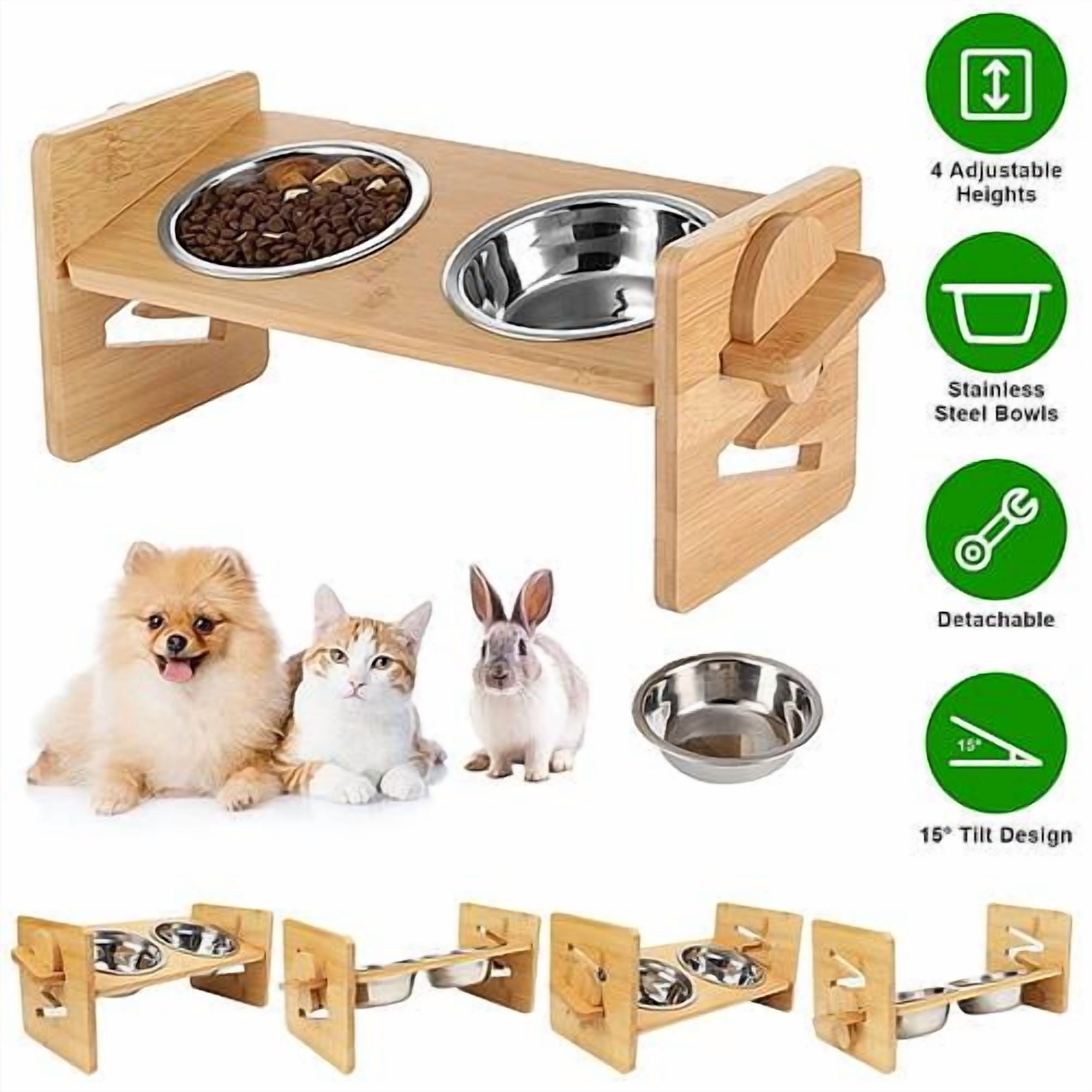 Imountek Bamboo Double Pet Feeder for Dogs, Cats and Rabbits