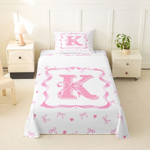 Erosebridal Princess Ribbon Twin Sheet Sets for Girls, Pink Letter K Bedding, 3-Piece