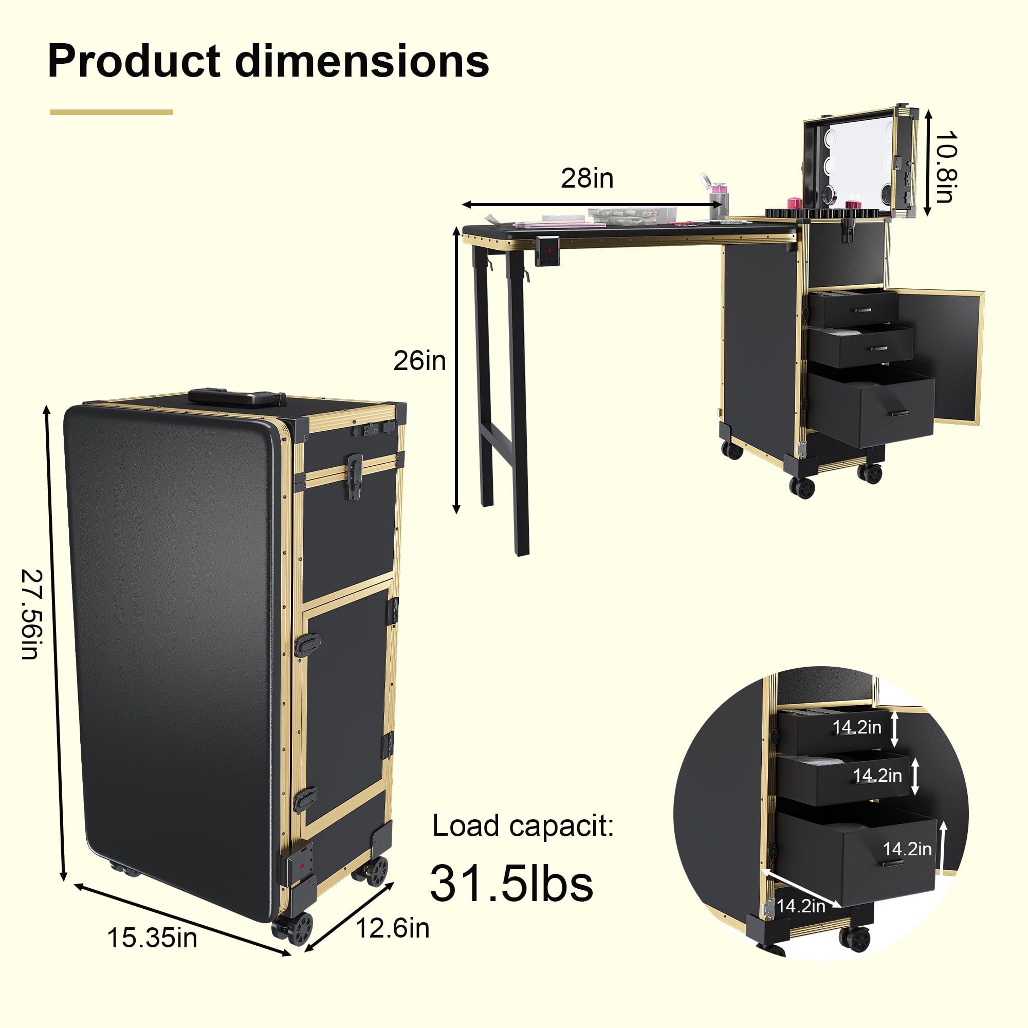 Aukfa Rolling Portable Manicure Table,Folding Nail Table with LED Mirro,Wireless Speaker & Lockable Drawers for Home & Mobile Salon,Black Gold