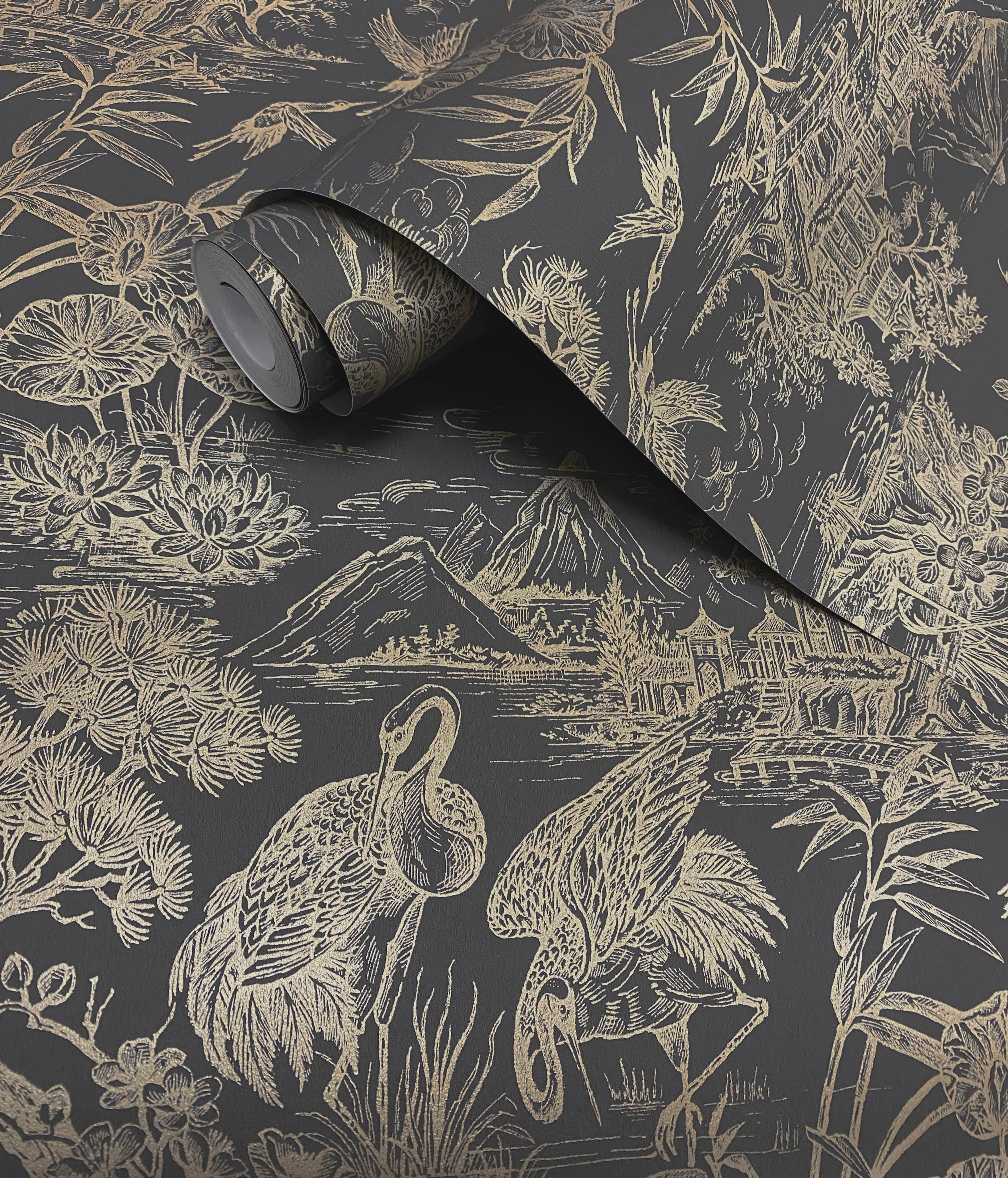 Charcoal Gold Majestic Crane Tropical Wallpaper