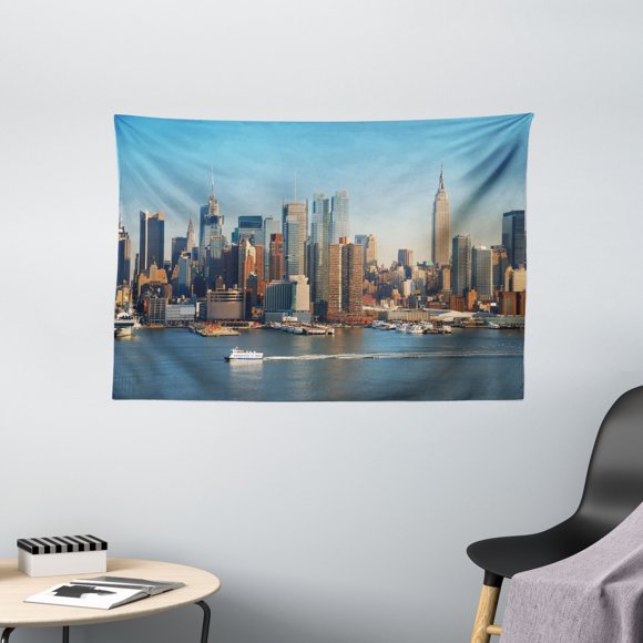 Urban Tapestry, New York City Skyline over Hudson River Empire State Building Boats and Skyscrapers, Wall Hanging for Bedroom Living Room Dorm Decor, 60W X 40L Inches, Blue Brown, by Ambesonne