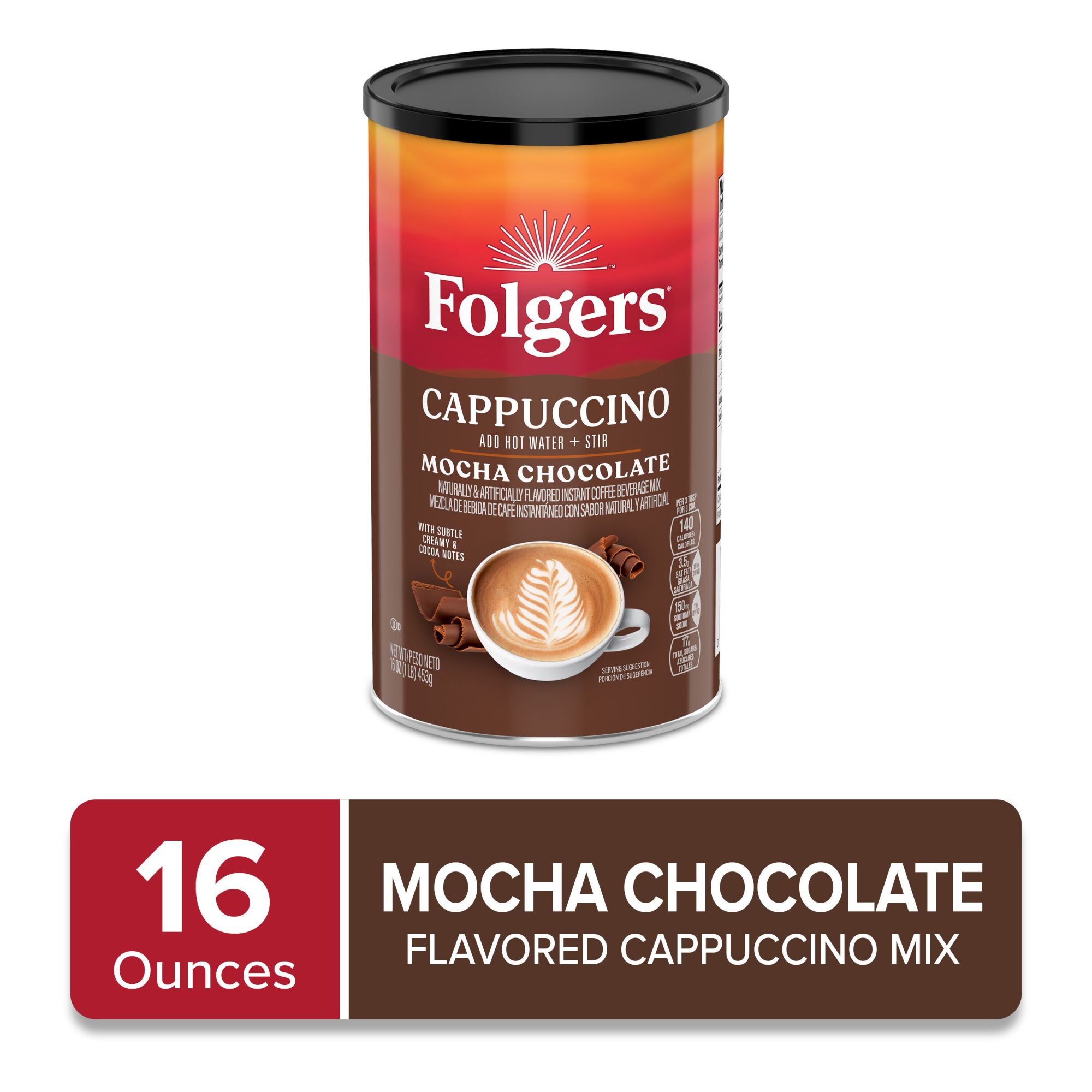 Folgers Mocha Chocolate Flavored Cappuccino Mix, Instant Coffee Beverage, 16-Ounce Canister - image 3 of 9