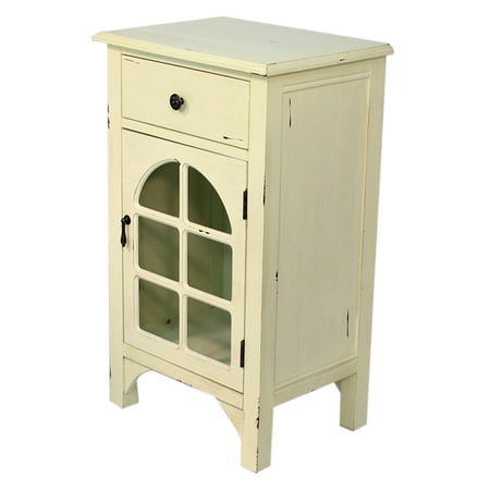 Antique White Wood Clear Glass Accent Cabinet with a Drawer and Front Arch