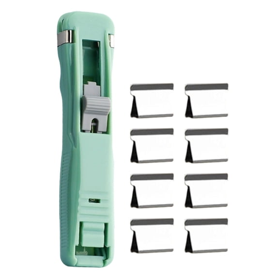 Portable Binder Clip Stapler, Includes 8 Reusable Clips, Handheld Paper Clam Clip Dispenser, Mini Push Stapler Clamp Staplers for Desktop Document Home Office, 1set, Easy to Use(Green,4.5x1")