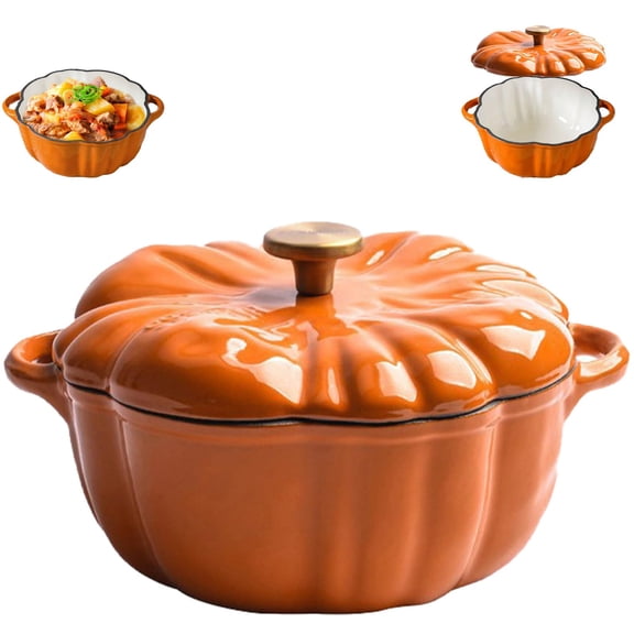 Pumpkin Dutch Oven, Enameled Cast Iron Pumpkin Dutch Ovens with Lid, Double Handle, Non-Stick 4 Qt Stew Pot, for Cooking, Marinating, Refrigerating, Baking, Safe for All Stovetops
