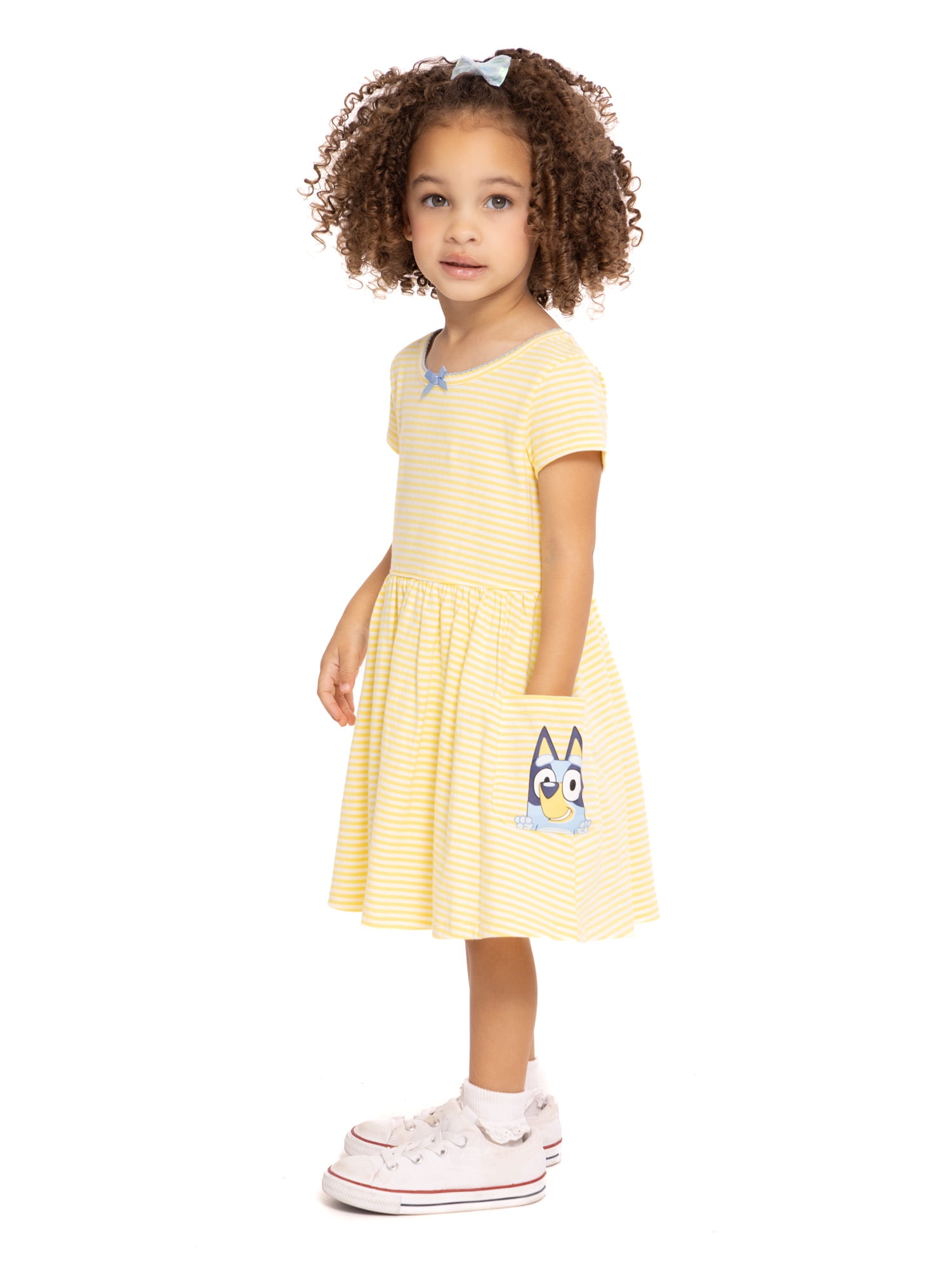 Bluey Toddler Girl Short Sleeve Striped Dress with Graphic Pockets, Sizes 12M-5T