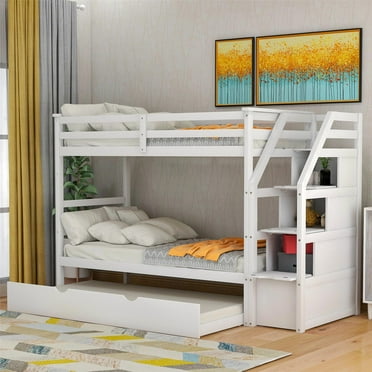 Twin-Over-Twin Bunk Bed with Twin Size Trundle and 3 Storage Stairs, Solid Wood Bunk Bed Frame for Kids and Teens, No Box Spring Needed, 94.4''L x 42.4''W x 61.4''H (White)