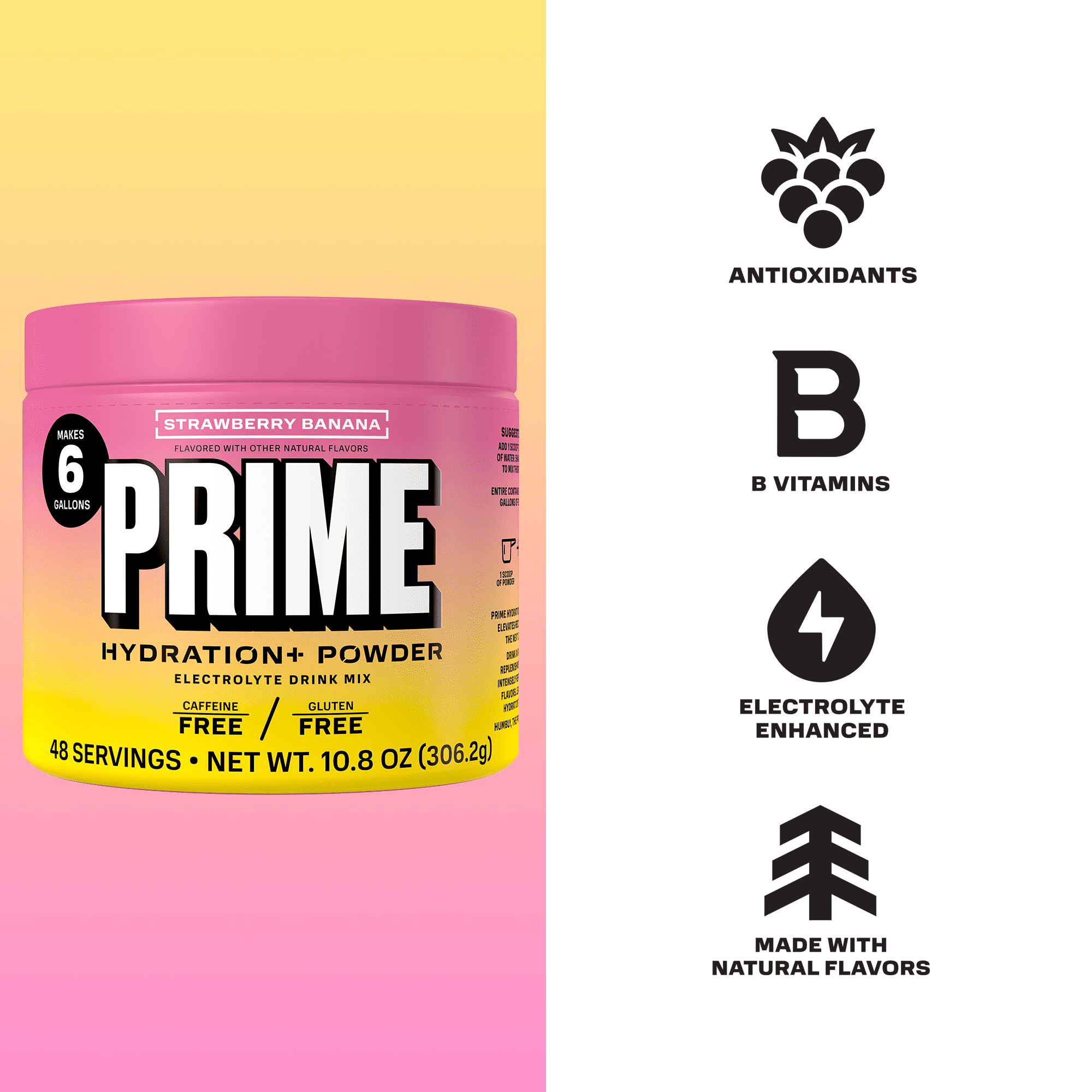 PRIME Hydration+ Strawberry Banana Electrolyte Powder, Sugar Free, 6 Gallon Tub