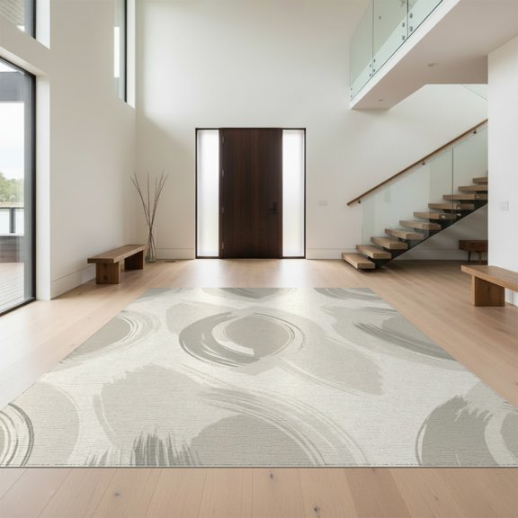 Design&I 8'x10' Washable Area Rug Beige Freeform Cream Motif Balanced Asymmetry Muted Palette Neutral for King Size Bedroom, Under Bed, Sleek Flatweave Pet Friendly