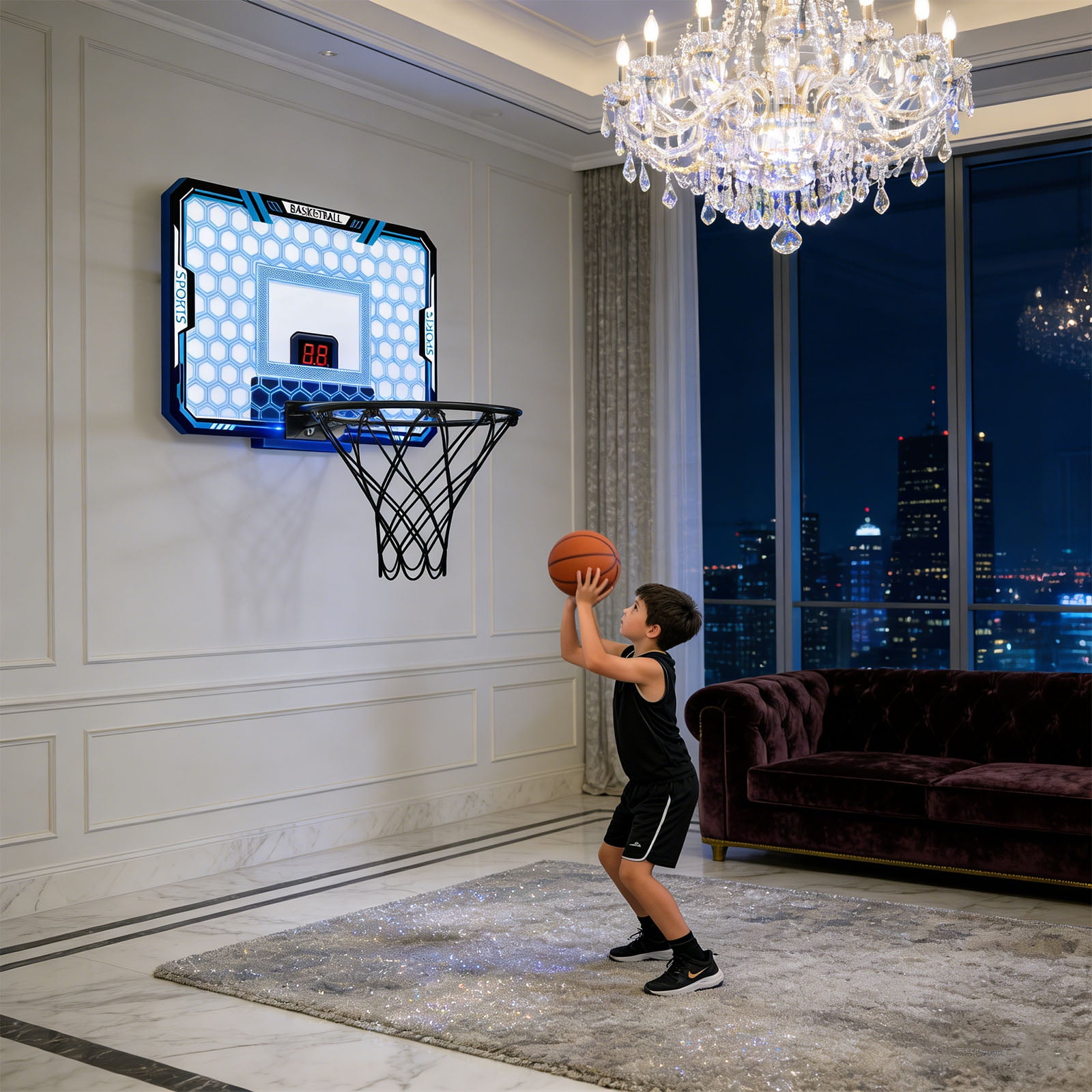Electronic Scoreboard Basketball Hoops Wall Mounted Foldable LED Lights Set Including Pumps For Various Ages