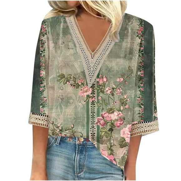 Womens Tops Summer,Womens Printed Pullover V-Neck Lace T-Shirt 3/4 Sleeves Top,Tops for Women,3/4 Sleeve Tops for Women,Lace Tops for Women