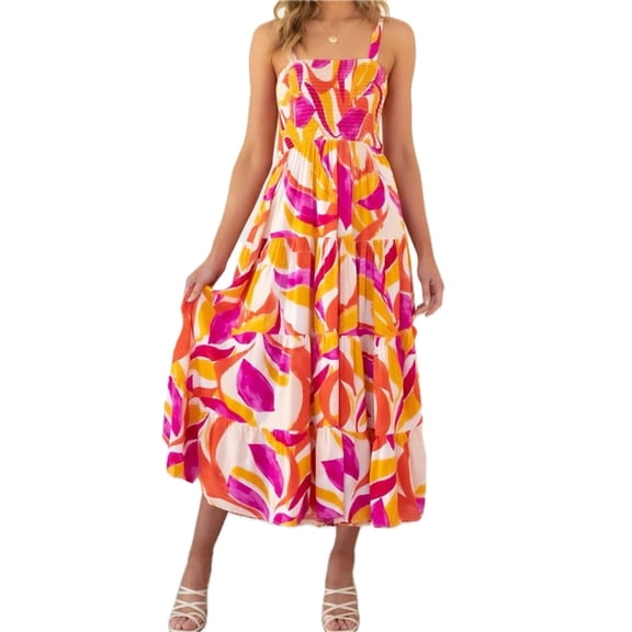Women's Printed Smocked Square Neck Tiered Sleeveless Midi Dress Polyester 100% fabric in colorful pattern chic