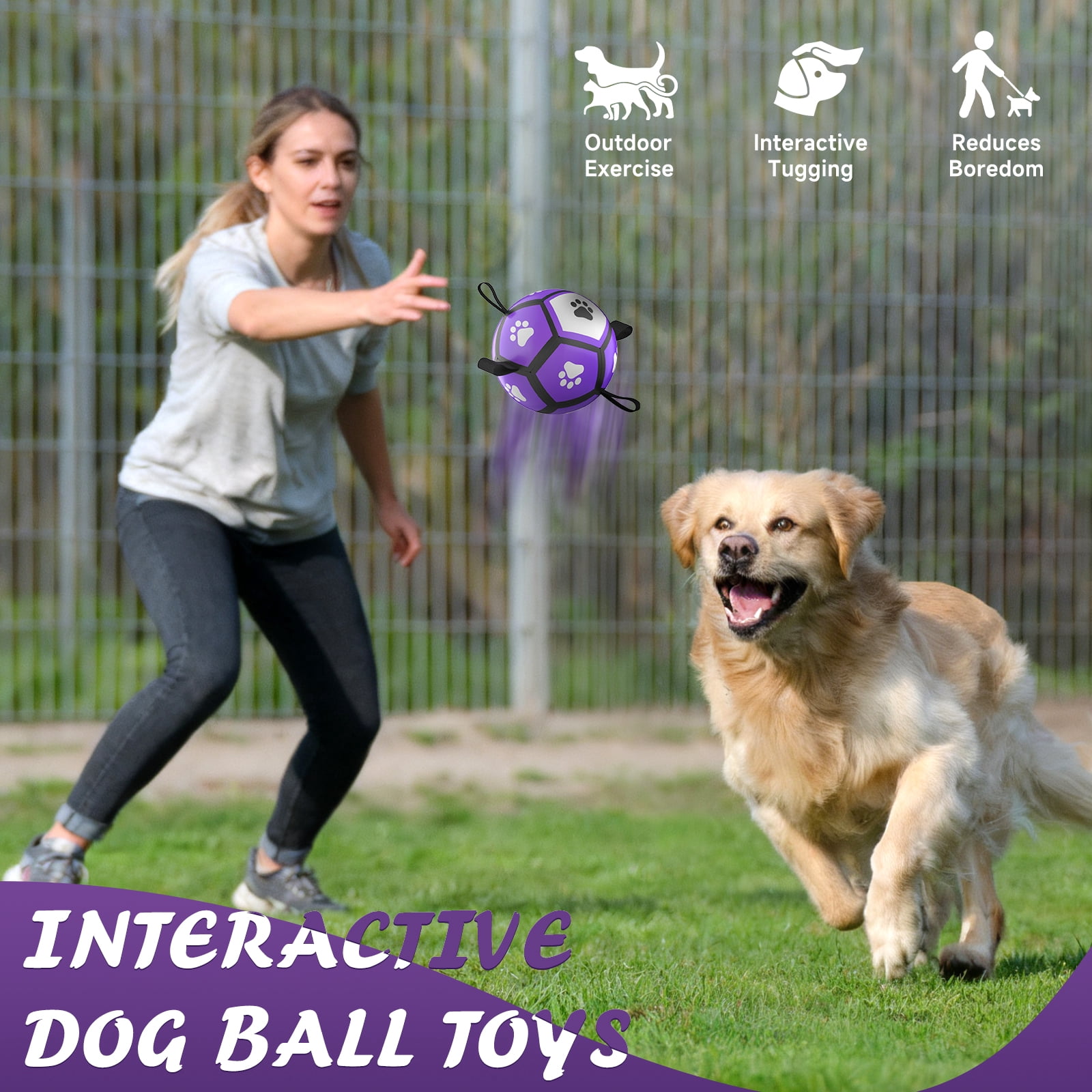 QDAN Durable Dog Toys Soccer Ball with Nylon Straps Hand Pump for Puppies Small Dogs, Purple & Gray, 5-inch