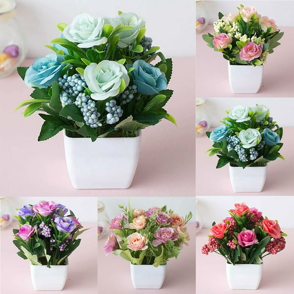Travelwant Mini Potted Artificial Rose Flowers, Fake Silk Rose Flowers in Plastic Pot for Home Office Desktop Decoration