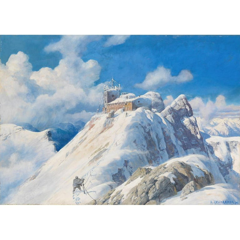 Rudolf Reschreiter 18x14 Black Ornate Wood Framed Double Matted Museum Art  Print Titled - The Zugspitz Summit with Weather Station and Munich House  (Approx. 1900-1920)