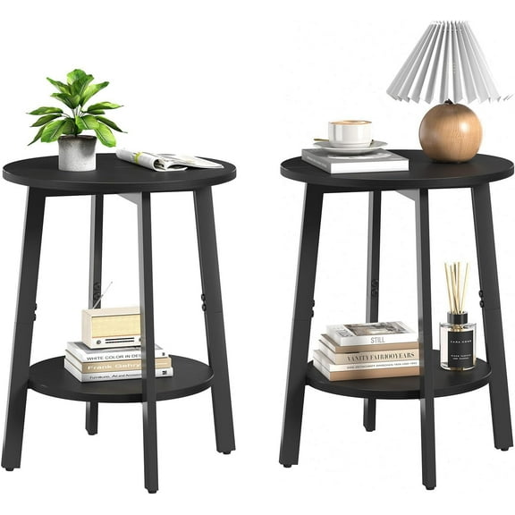 Side Table Set of 2, Small Round End Table with Storage Shelf for Small Space, 2-Tier Black Bedside Table Sofa Couch Table, Nighstands Set of 2 Accent Table for Living Room, Bedroom, Black